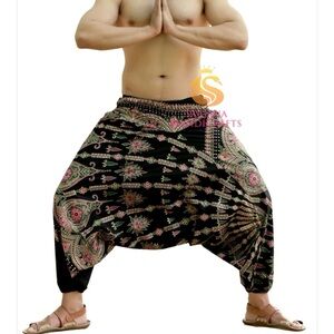 SARJANA Men/Women cotton gold print harem pants/yoga pant/drop crotch w/ pockets